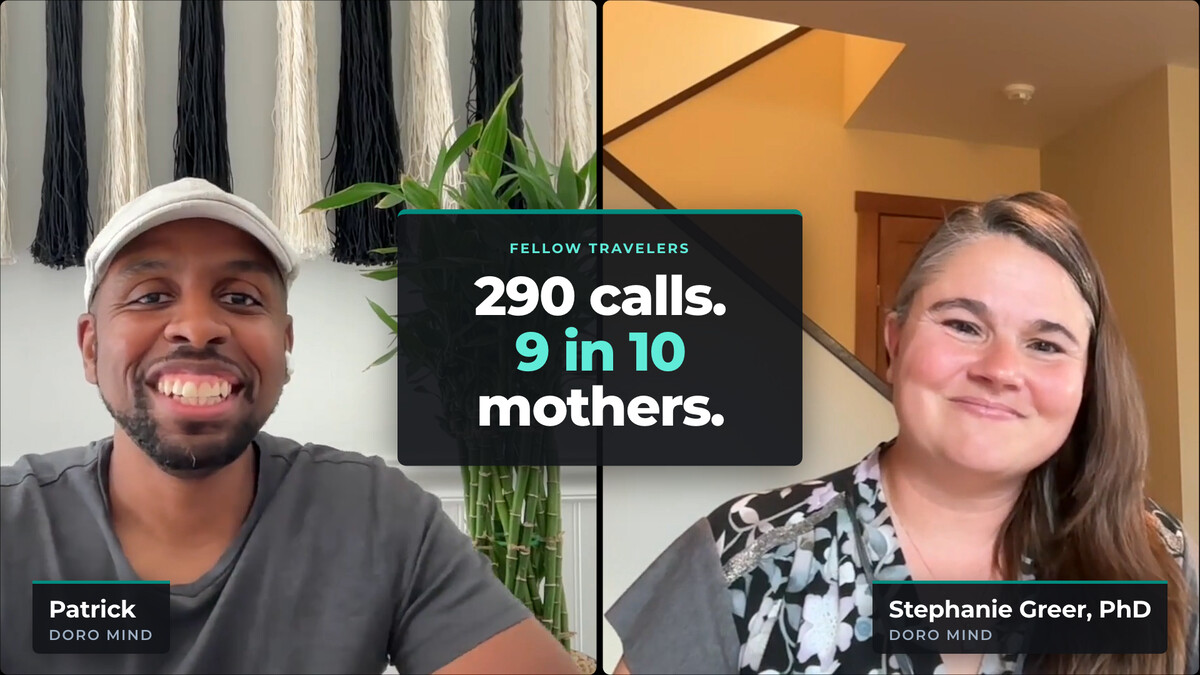 Stephanie Greer and Patrick in conversation, beside the text "290 calls. 9 in 10 mothers."